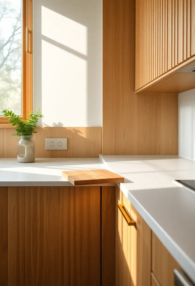 Small kitchen with vertical fluted wood cabinet fronts in warm oak finish, brass pull handles, and soft pendant lighting above a narrow countertop