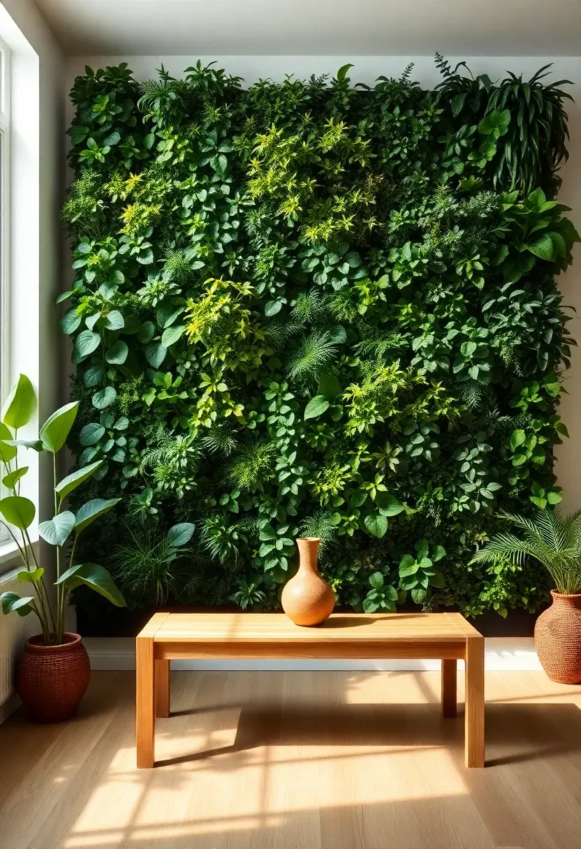 Hyper-realistic view of living room with entire wall covered in vertical garden. Mix of pothos, ferns, philodendron, and succulents creating lush green tapestry. Minimal furniture in foreground: light oak bench, single ceramic vase. Materials: living plants with varied green shades, felt growing system, light oak flooring, white walls. Bright natural daylight from nearby window, plants casting dappled shadows. Lush biophilic mood with minimal furniture. Shallow depth of field, sharp details on plant leaves, living wall as focal point, no additional artwork.</p>