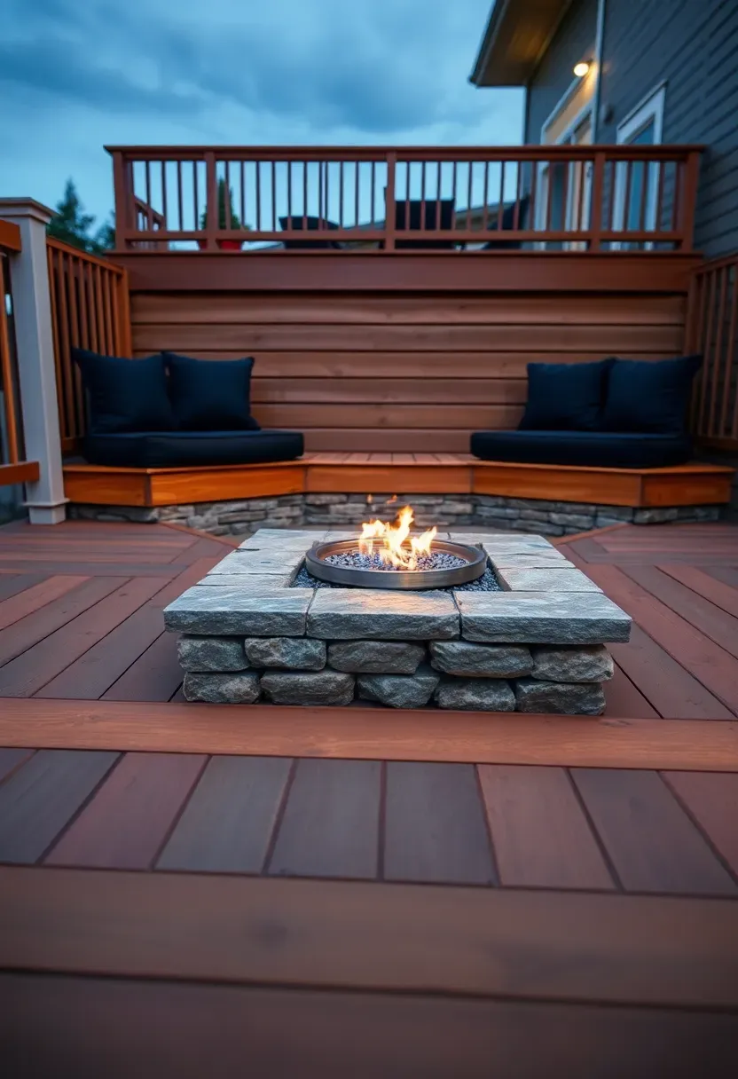 back deck with a sunken square fire pit area lined with stone, built-in bench seating around three sides, and composite decking surrounding the lowered hearth