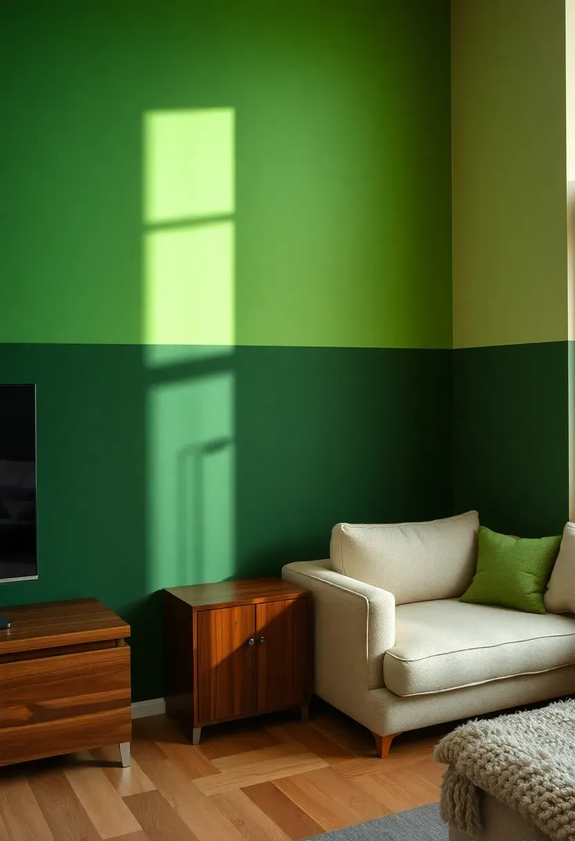 Hyper-realistic corner view of living room with walls divided horizontally—bottom half in deep forest green, top half in lighter sage green, featuring cream modern sofa and dark wood cabinet. Materials: flat paint finish on both green sections showing subtle difference, light oak floor, cream textured upholstery, walnut wood media console. Diffused natural light from window illuminating the color transition at picture rail height, visible room context showing two adjacent walls with consistent two-tone treatment. Balanced composition with sharp color division, no text or logos.</p>