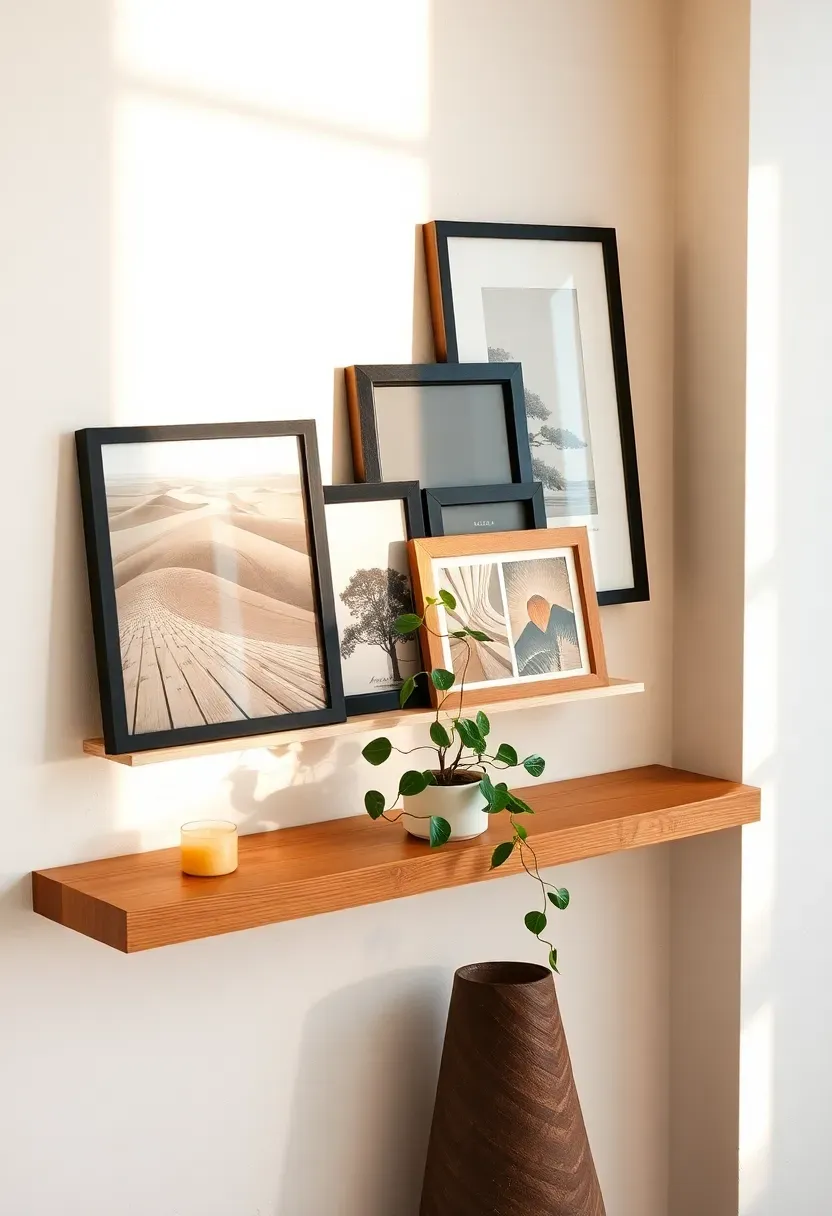 long wooden photo ledge on a living room wall displaying layered frames and small objects