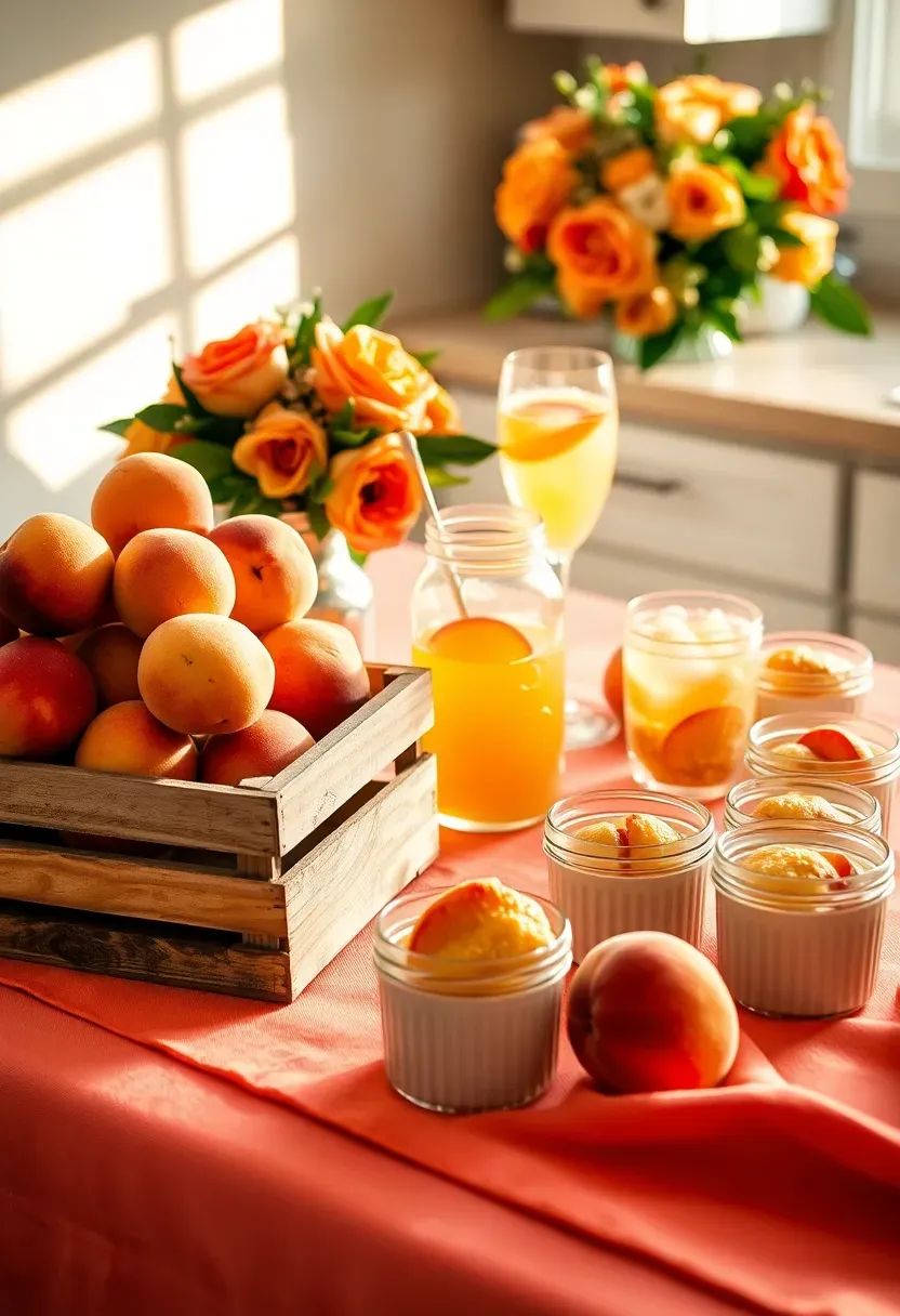 sweet as a peach baby shower theme with peach decorations fruit displays and warm tones