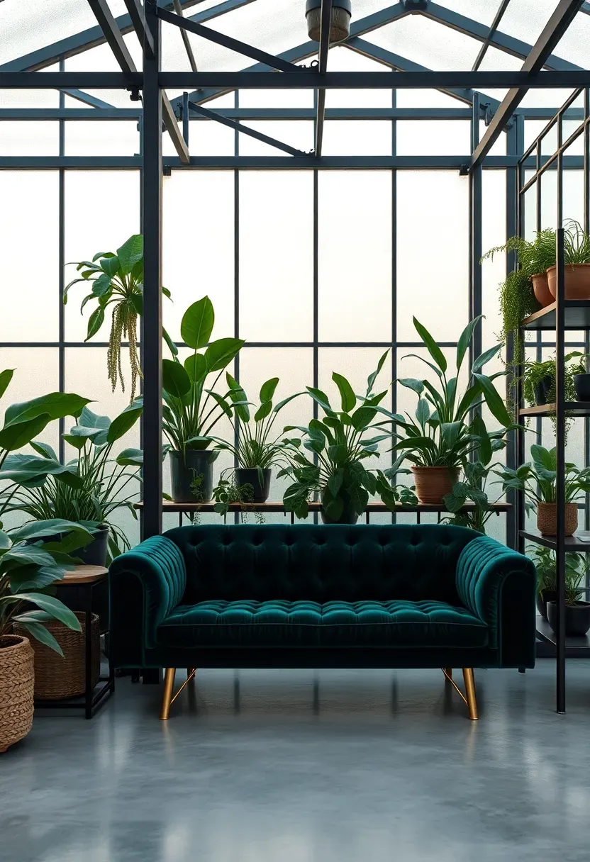 Modern greenhouse-style lounge with matte black steel frame, abundant indoor plants on shelving, a velvet sofa in deep green, and condensation on the glass catching morning light