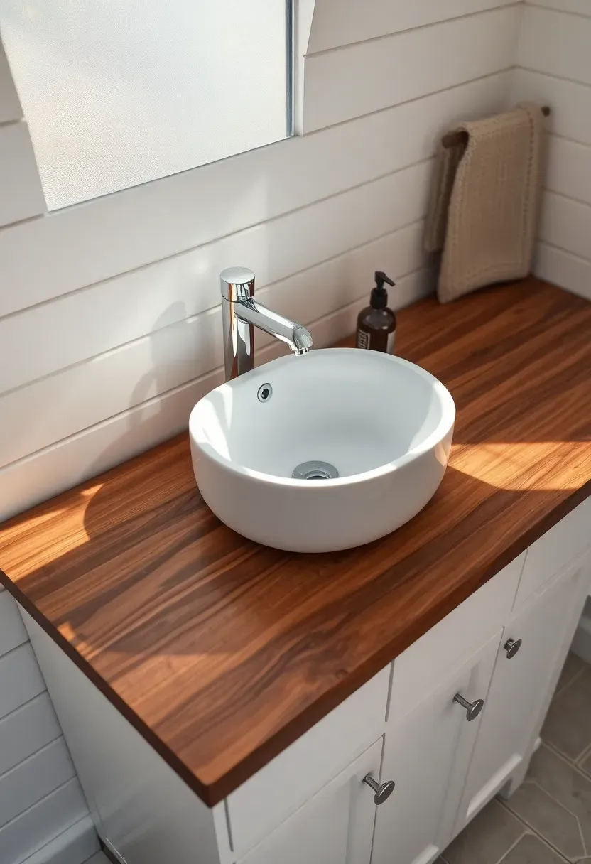 Warm walnut butcher block bathroom countertop with a white ceramic vessel sink and wall-mounted faucet