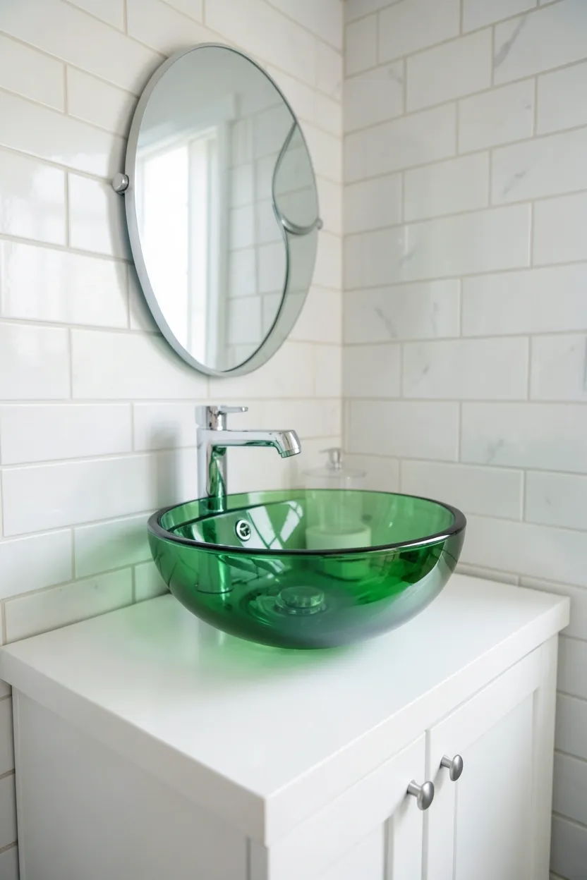 Hyper-realistic eye-level photograph of a modern green bathroom featuring emerald green glass vessel sink on white vanity cabinet, chrome gooseneck faucet, white subway tile wall, small round mirror. Natural light passing through glass sink. Materials: emerald green glass, white wood, chrome fixtures, white ceramic. Luminous jewel-toned green sink. Translucent glass details. No text, no logos, no watermarks.</p>