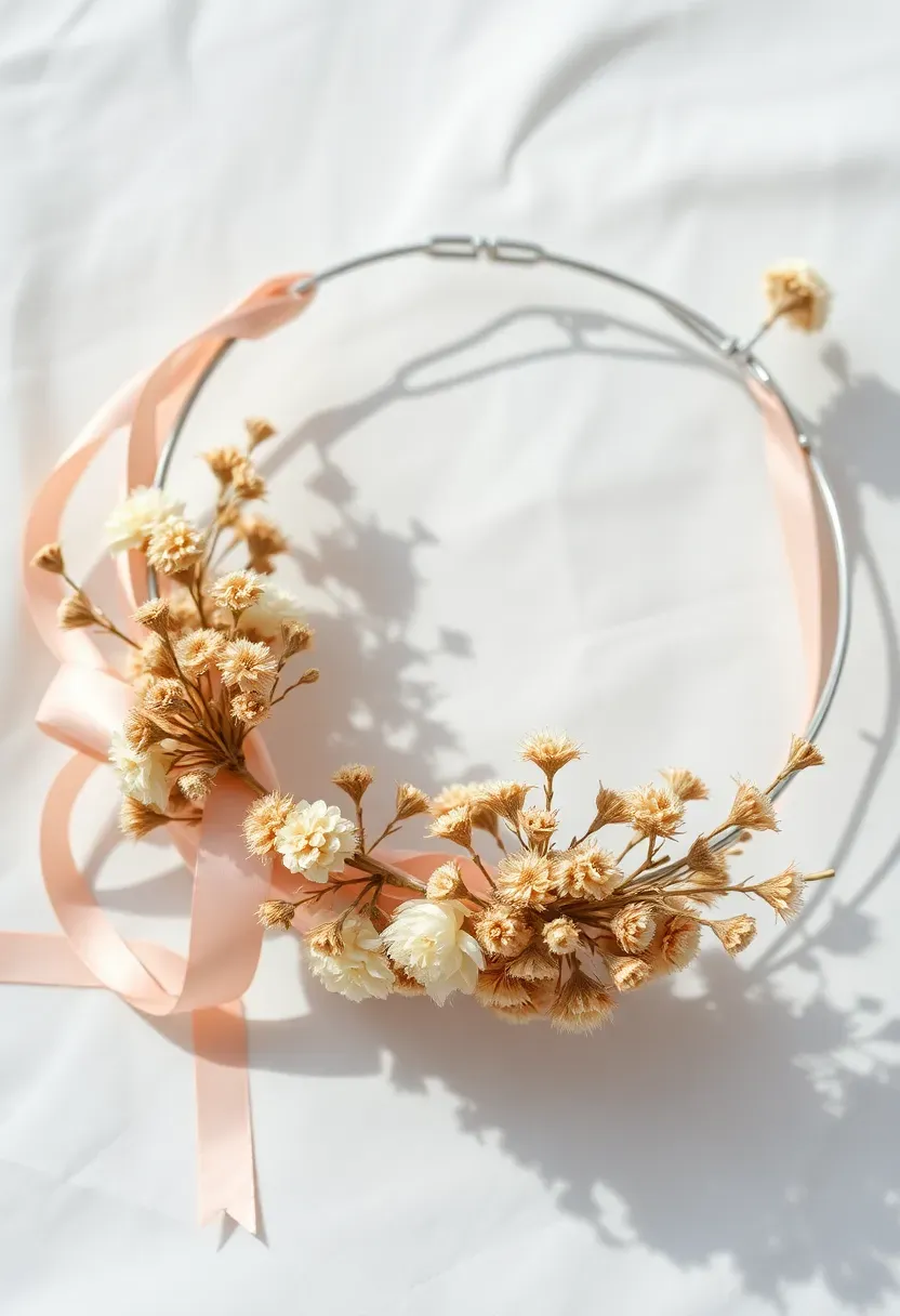 ribbon-wrapped flower crown with pastel grosgrain ribbons and dried spring wildflowers on a white background
