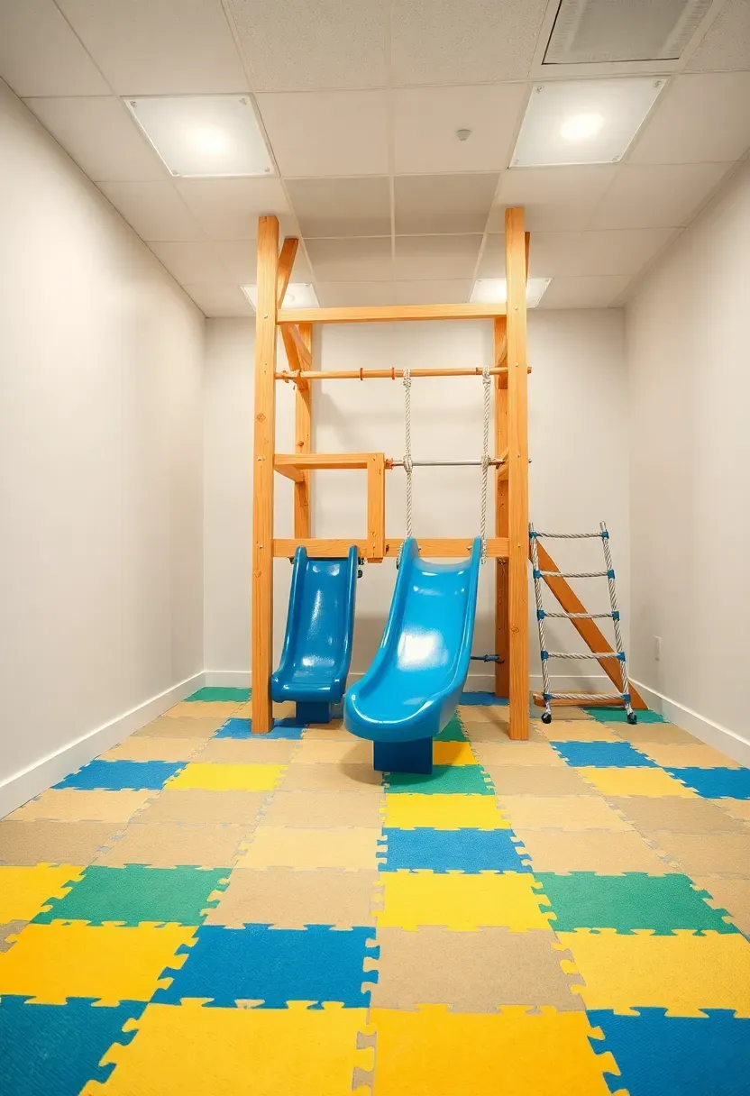 basement indoor playground with climbing structure soft flooring and slide for young children