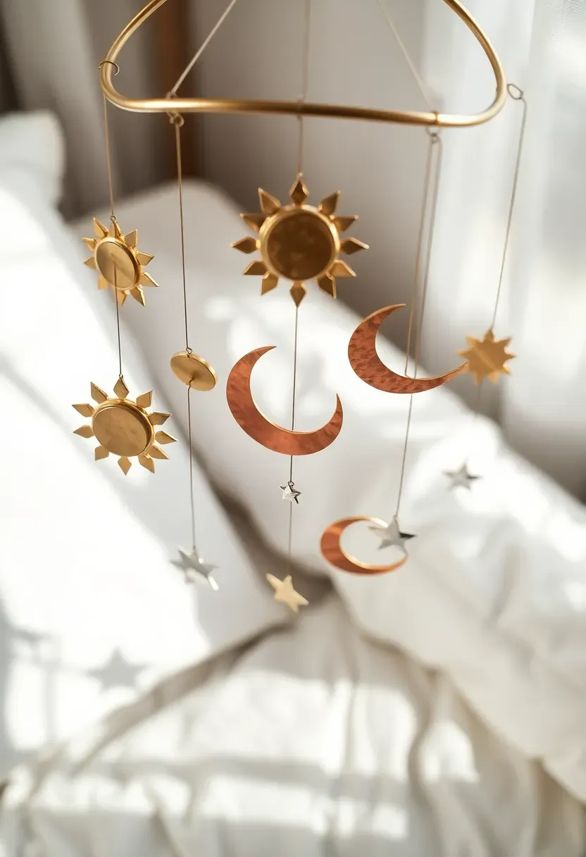 Handmade celestial mobile with brass suns, copper moons, and silver stars suspended from thin wires above a bed