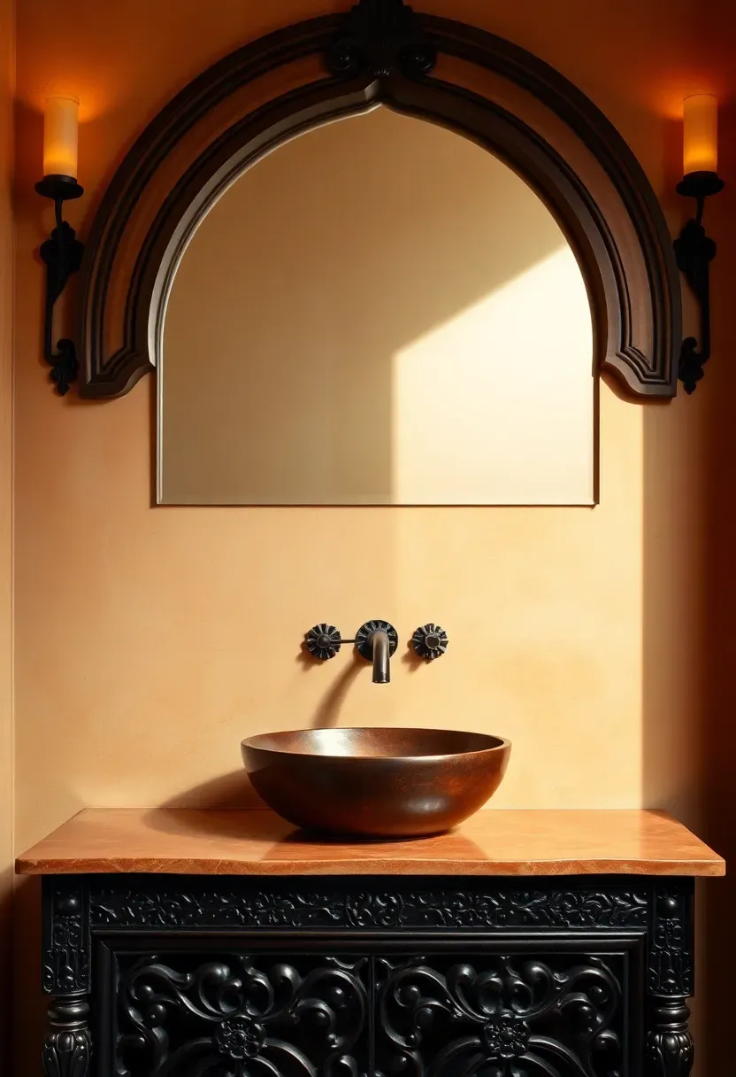 Moroccan-inspired bathroom with smooth tadelakt plaster backsplash in warm sandy tone behind a copper vessel sink and arched mirror