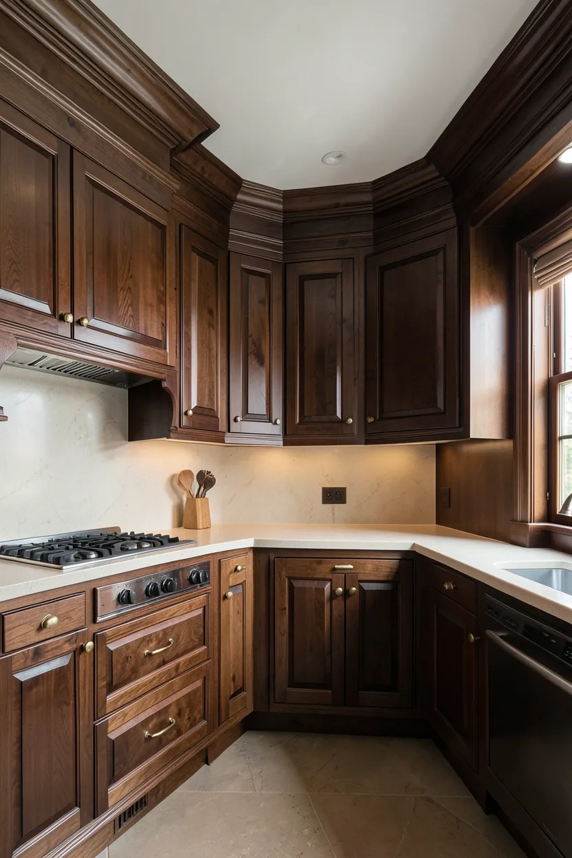 Classic Dark Wood Kitchen with Crown Molding