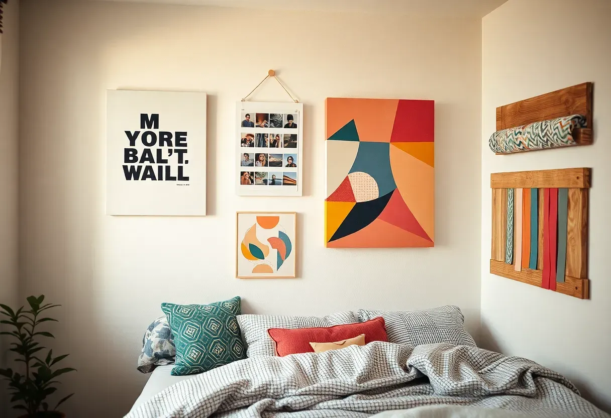 Colorful DIY wall art display in a teen bedroom with photos, string lights, and handmade decor on a white wall