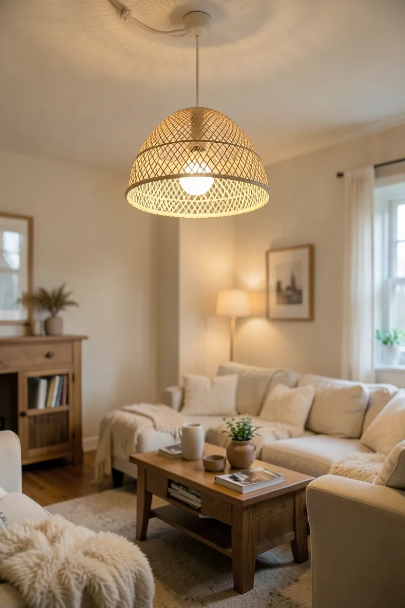 Woven rattan pendant light in warm cream tones hanging over a low coffee table in a cozy Scandinavian boho rental living room