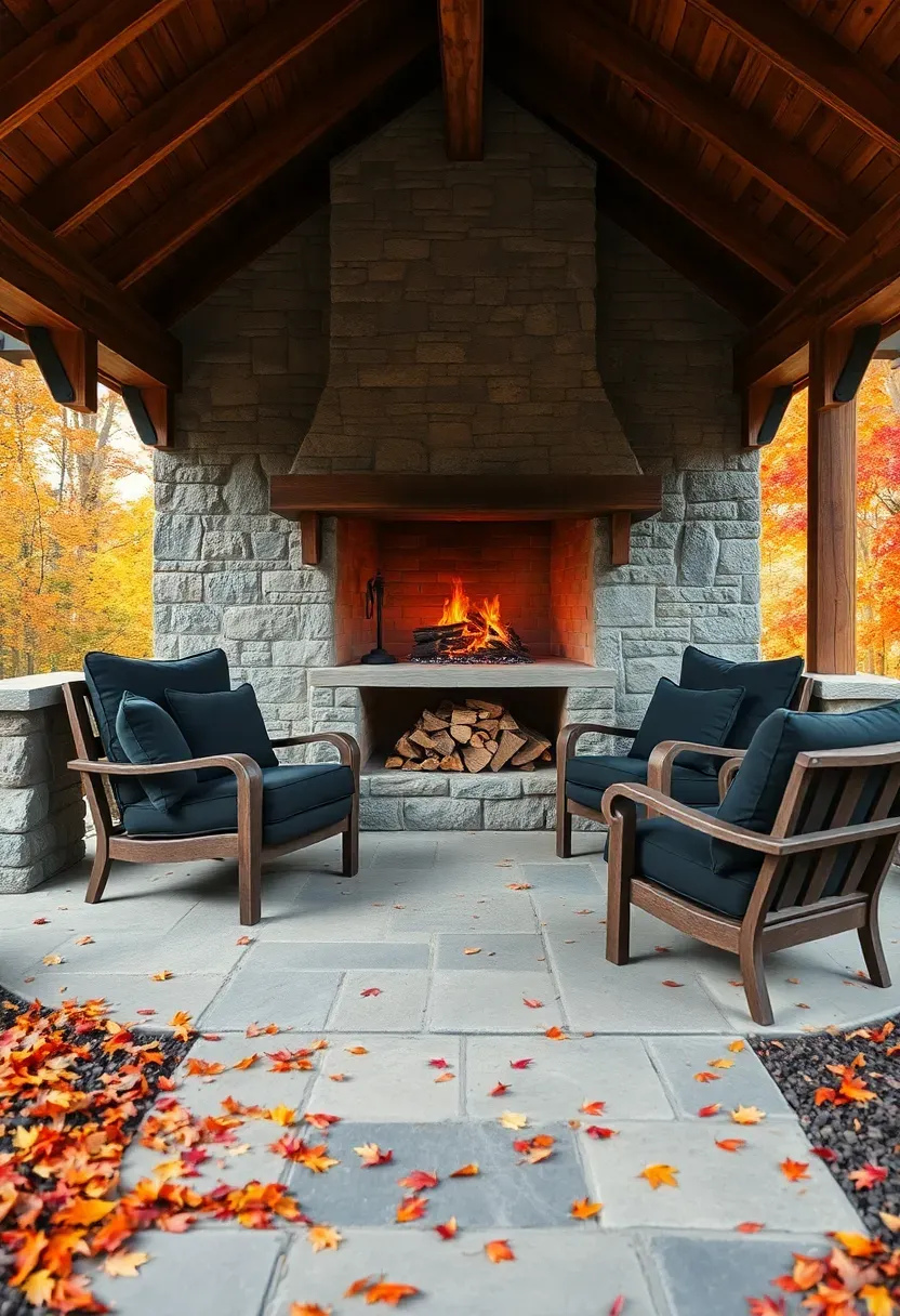 A large stone and timber gazebo with a built-in stone fireplace at the back wall, fire crackling, comfortable outdoor armchairs arranged in a semicircle, autumn leaves on the ground outside