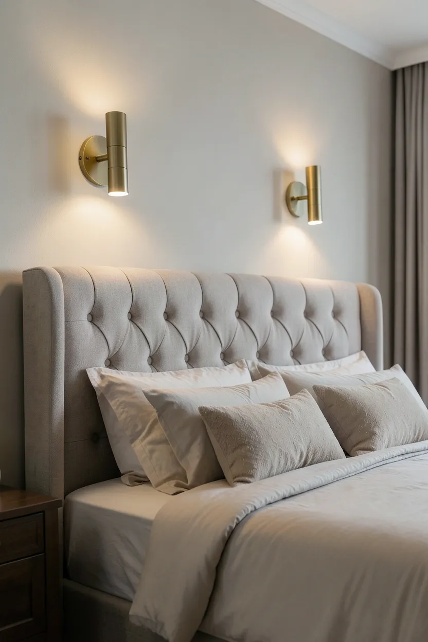 Sage green built-in bookcases with brass hardware styled with books and plants in a cozy earthy living room