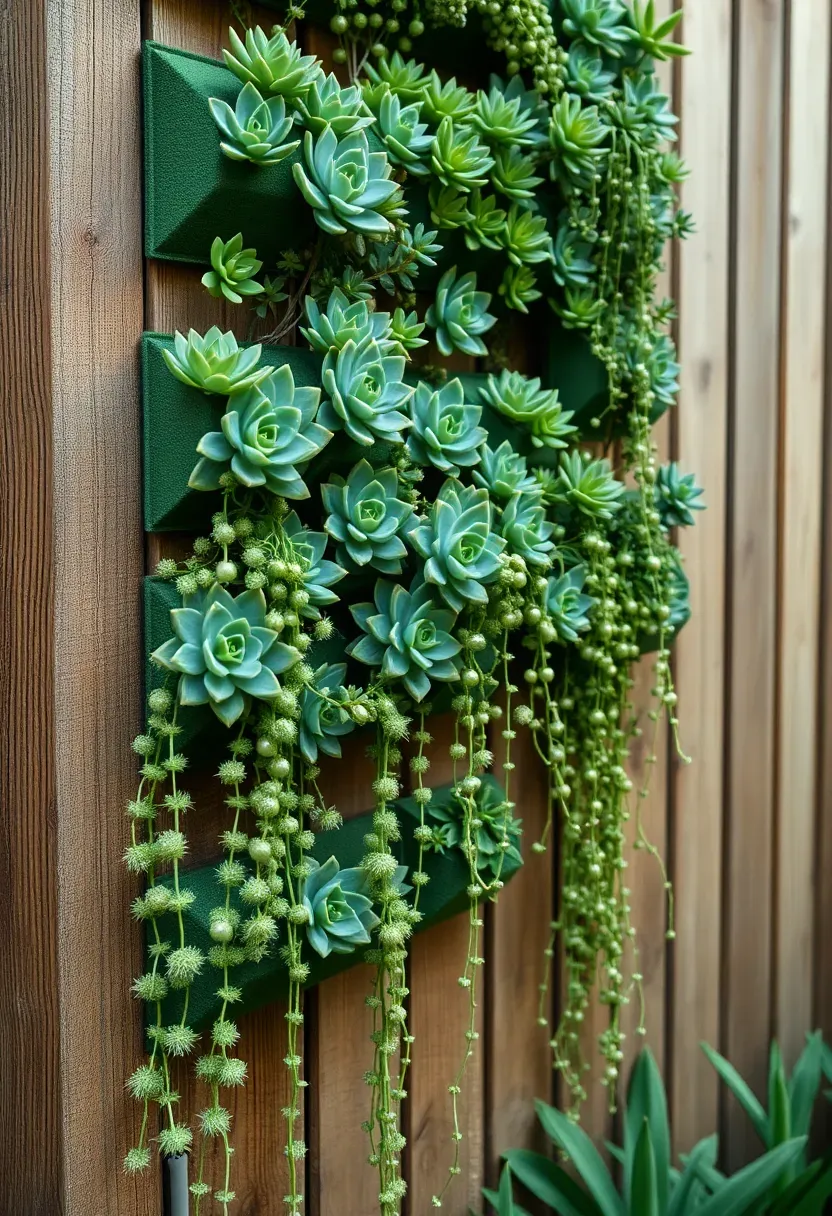 Vertical living wall of succulents and trailing plants mounted on a wooden privacy fence in a small urban backyard garden