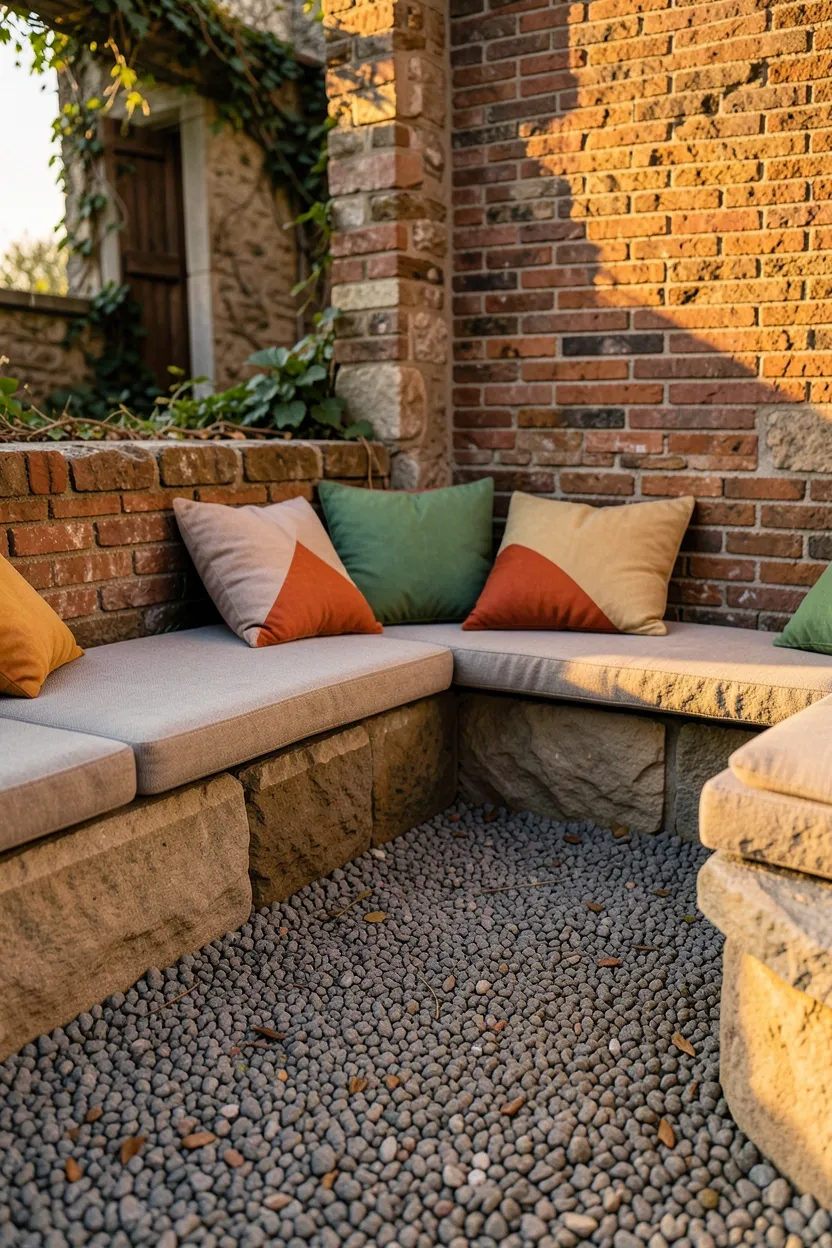 Pea Gravel Patio with Built-in Seating