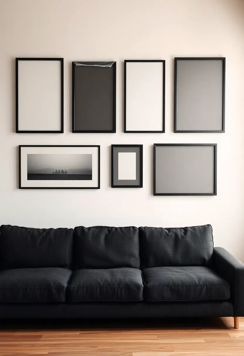Hyper-realistic shot of minimalist living room with dark gray sectional against white wall, curated gallery wall above sofa featuring 6-8 framed artworks in uniform black frames, varying sizes but cohesive neutral color palette. Materials: charcoal gray linen upholstery, matte black frames, white walls, light wood floor. Warm diffused natural light from right side, sophisticated gallery mood, balanced asymmetrical arrangement. Sharp details on artwork and sofa texture, shallow depth of field, clean composition, no text, no logos, no watermarks.</p>