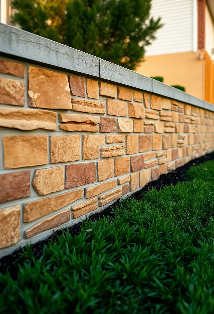 Concrete block retaining wall with natural thin stone veneer face in warm brown tones alongside a sloped backyard lawn