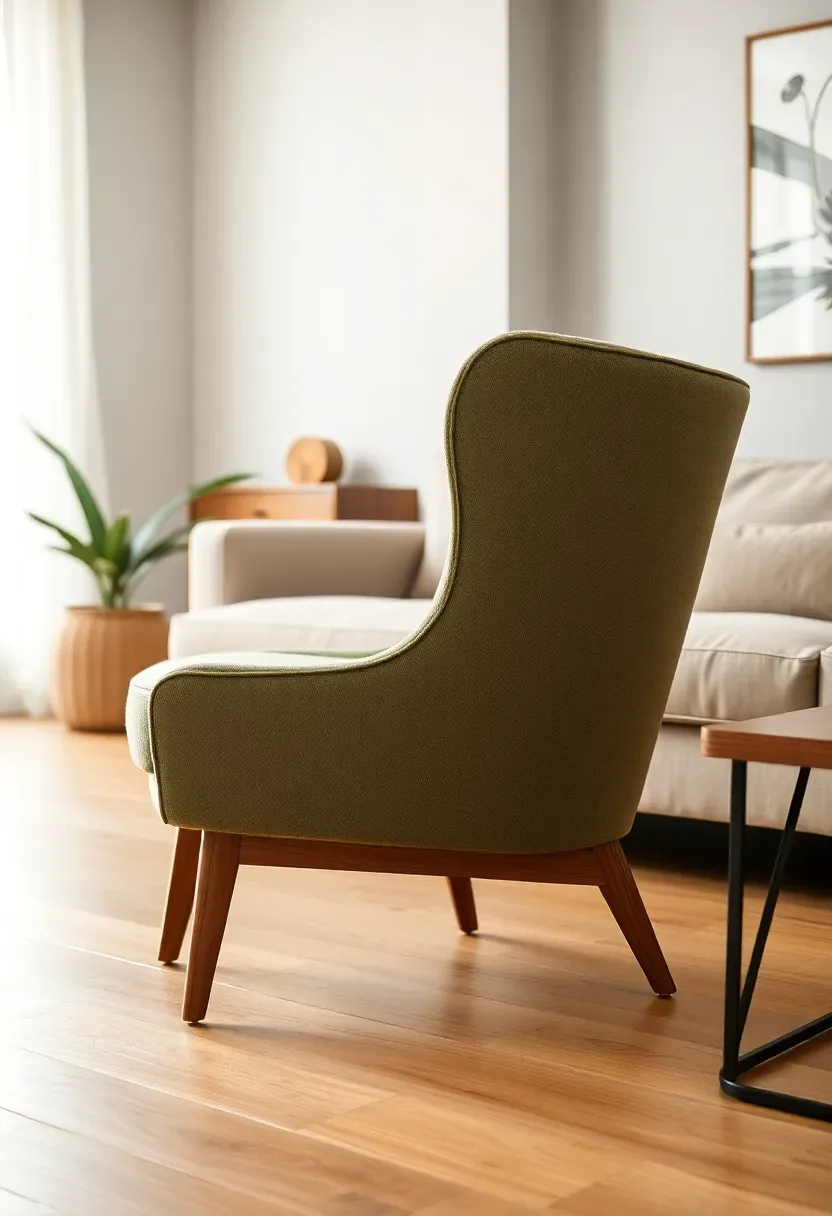 Hyper-realistic 3/4 view of an earthy modern living room featuring a sage green accent chair (muted gray-green with yellow undertones) with visible warm wood frame.