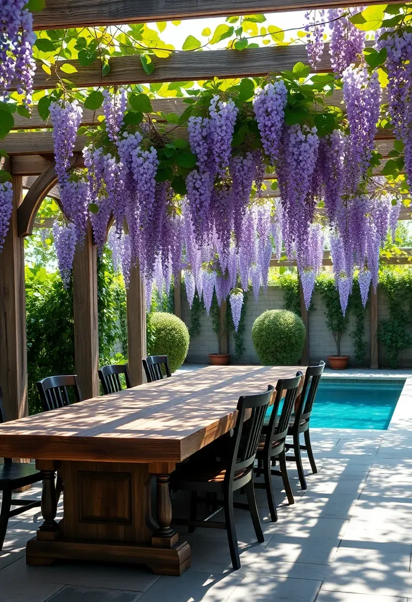 Wooden pergola covered with wisteria and grapevines creating dappled shade over a poolside dining area with a long table and chairs