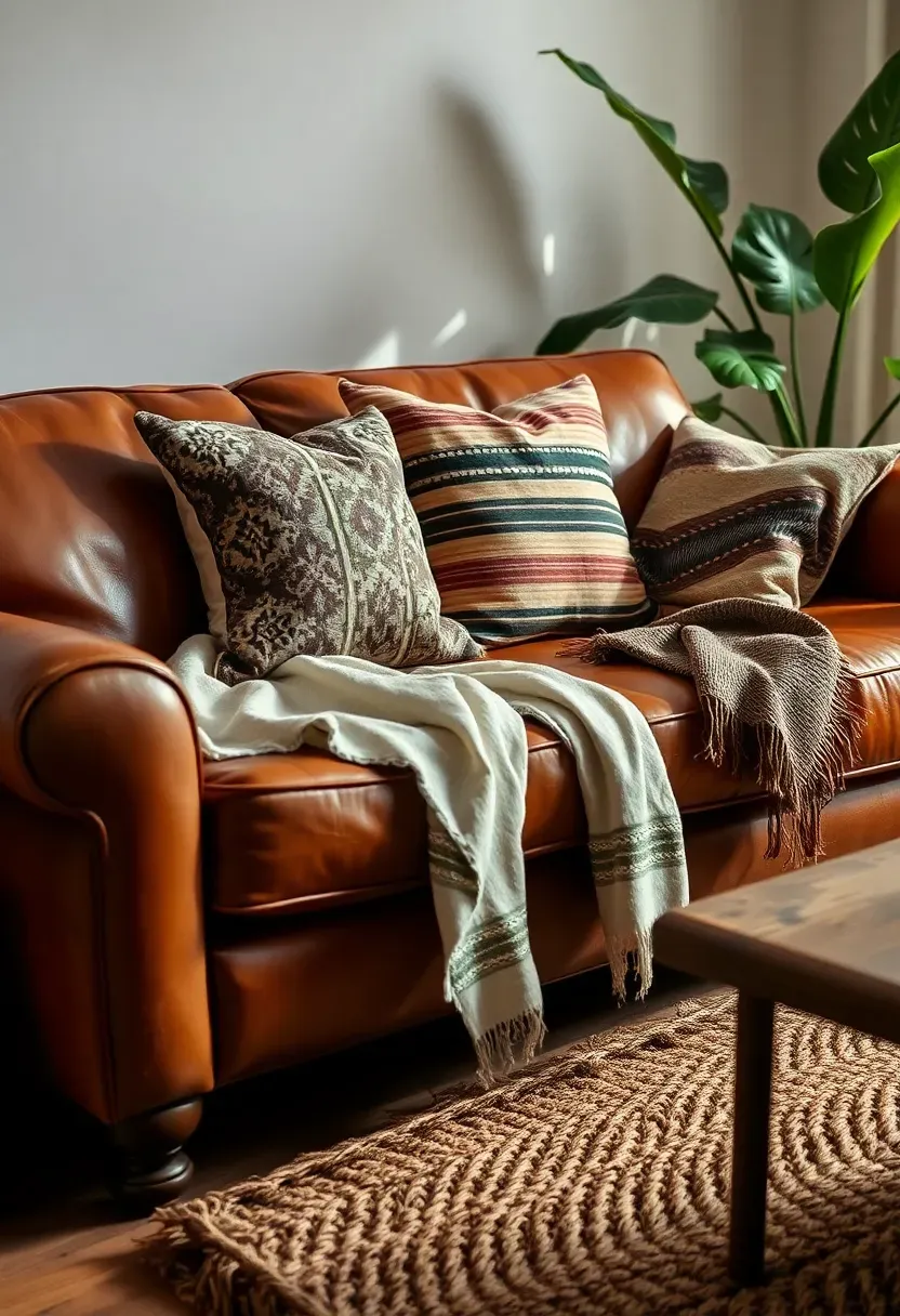 Hyper-realistic 3/4 view of an earthy boho living room featuring a vintage leather sofa in warm caramel brown with visible patina and wear, layered with textiles—a linen throw in cream draped casually, two pillows with mudcloth and kantha patterns, and a folded wool blanket at one end. Jute rug, plants nearby. Materials: vintage leather with visible grain, scratches, and natural variations, linen throw with visible texture, mudcloth pillow with geometric pattern, kantha pillow with stitched stripes, wool blanket, chunky jute rug, monstera plant. Natural daylight emphasizing the beautiful patina and textile layering. Lived-in authentic warmth. Shallow depth of field showing sofa foreground with room context beyond. No text, no logos, no watermarks.</p>