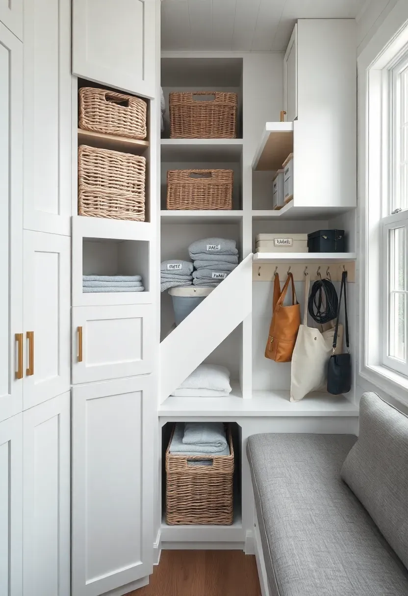 Hyper-realistic detail shot of built-in storage solutions in a tiny house: floor-to-ceiling white cabinets with pull-out baskets, under-stair drawers with labeled handles, overhead compartments with lift-up doors, hidden storage bench with cushion top. Visible organizational details: clear storage bins, folded linens, labeled boxes, hooks for bags. Materials: white painted cabinetry, light wood pulls, wicker baskets, gray upholstery. Soft window light from right accentuating texture and organization. Marie Kondo-inspired minimalist aesthetic. Real Living magazine style. No text, no logos, no watermarks.</p>