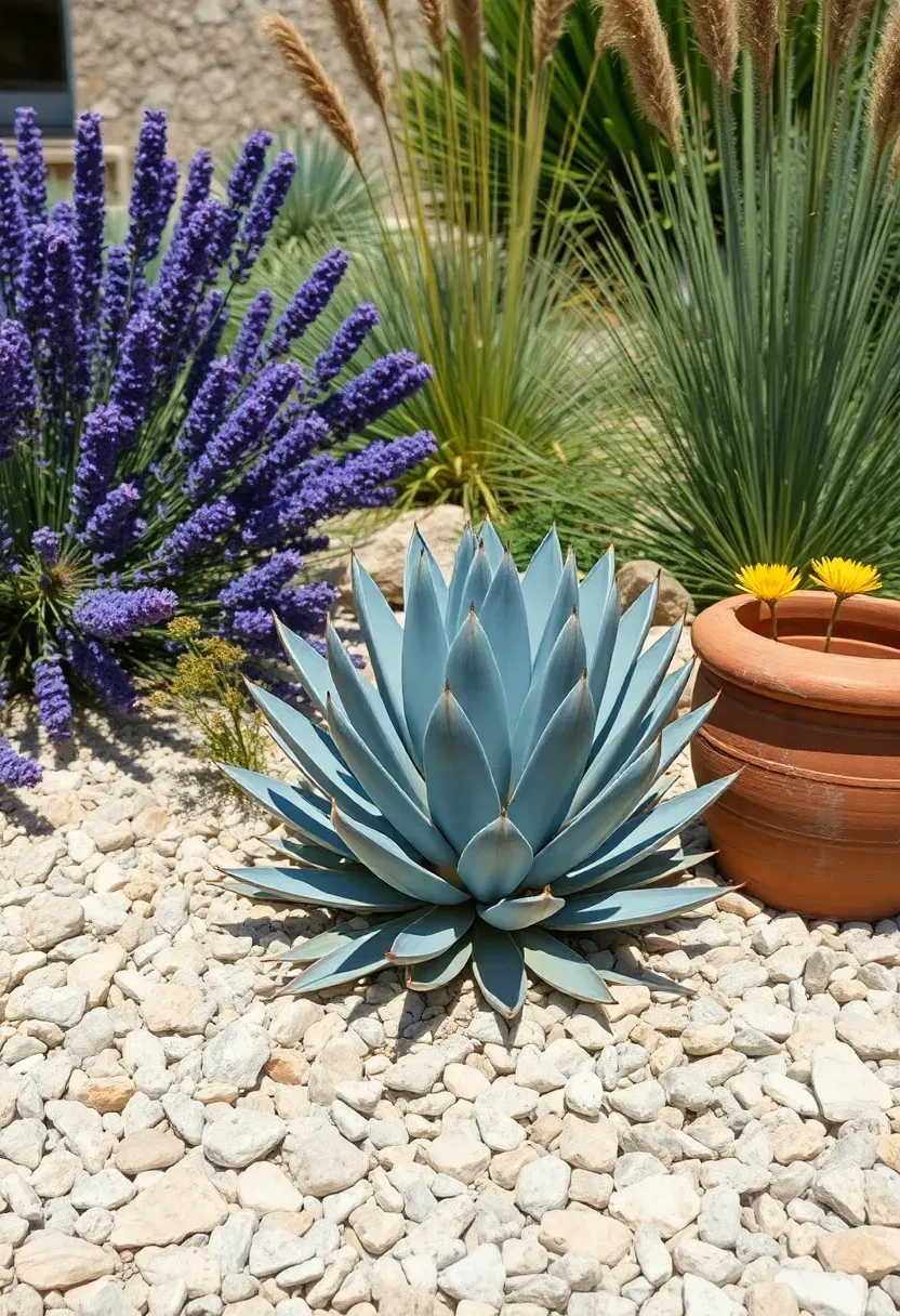 Mediterranean-style dry gravel garden bed with drought-tolerant plants including lavender, agave, euphorbia, and ornamental grasses set among decorative stone mulch