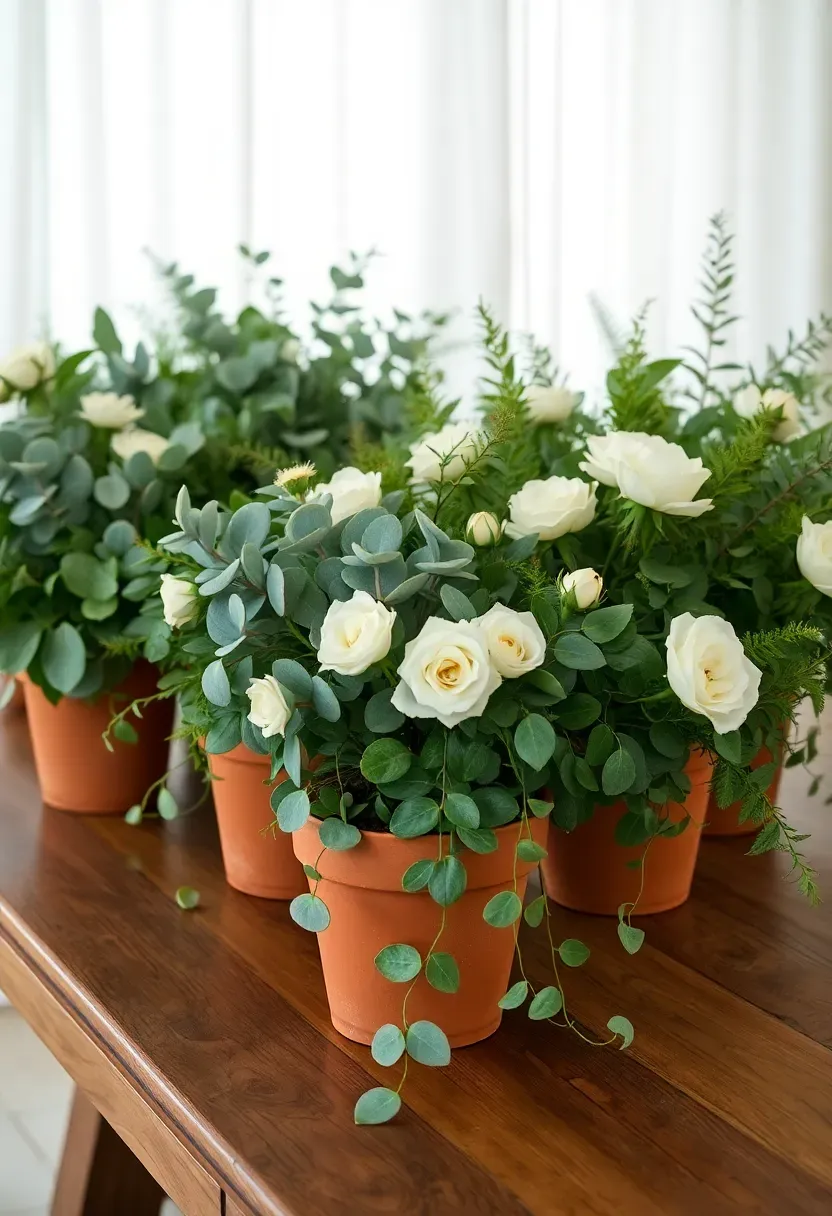 Lush greenery flower bar with eucalyptus, ferns, and white blooms arranged in terracotta pots on a long table