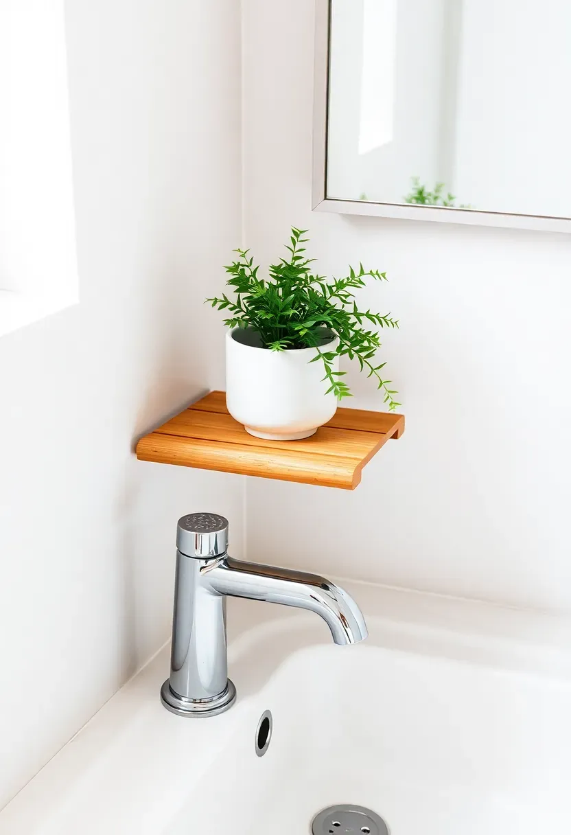 Narrow shelf bridge spanning across a bathroom faucet holding a small plant and soap dish