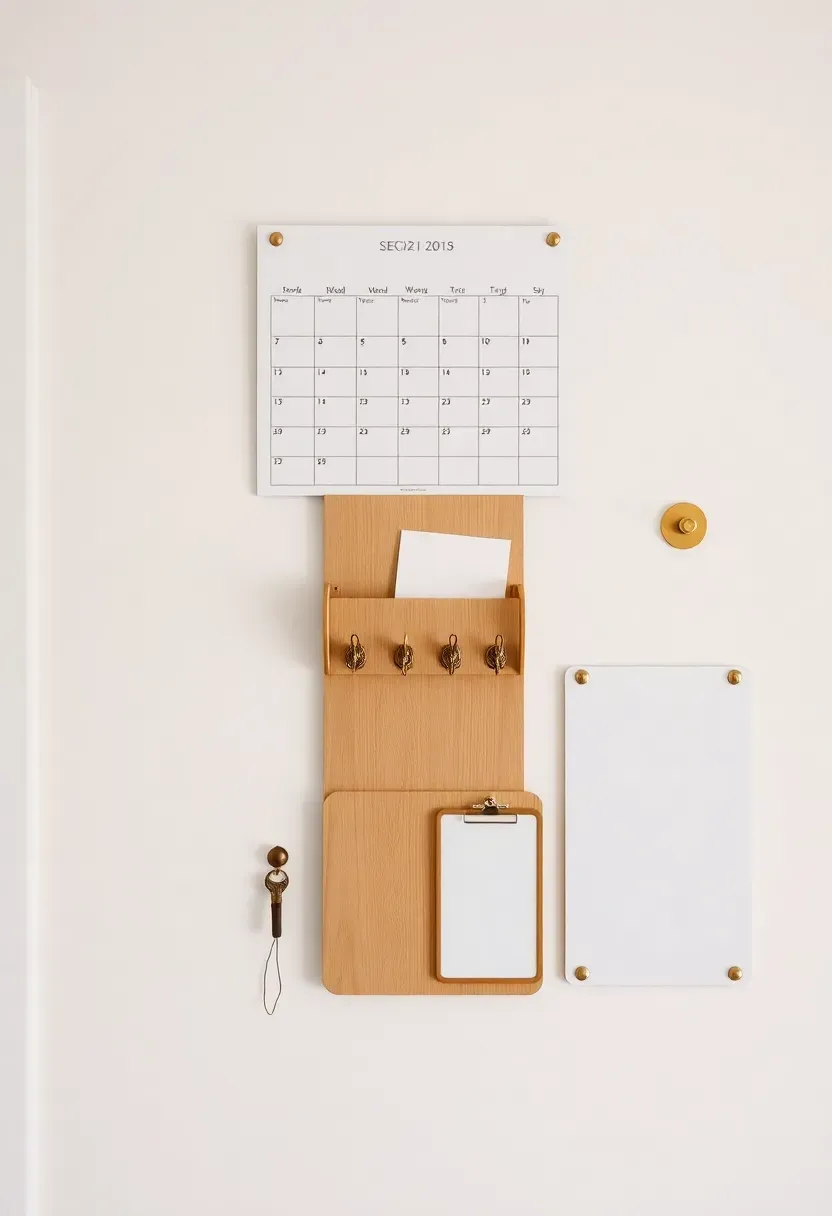 Hyper-realistic straight-on view of minimalist family command center on white wall: wall-mounted calendar, vertical wood file sorter, brass key hooks, small whiteboard. Materials: white wall, light oak wood, brass hardware. Soft ambient light, clean organized aesthetic. Few papers visible, clutter-free surfaces. Sharp focus on center. No text, no logos, no watermarks.</p>
