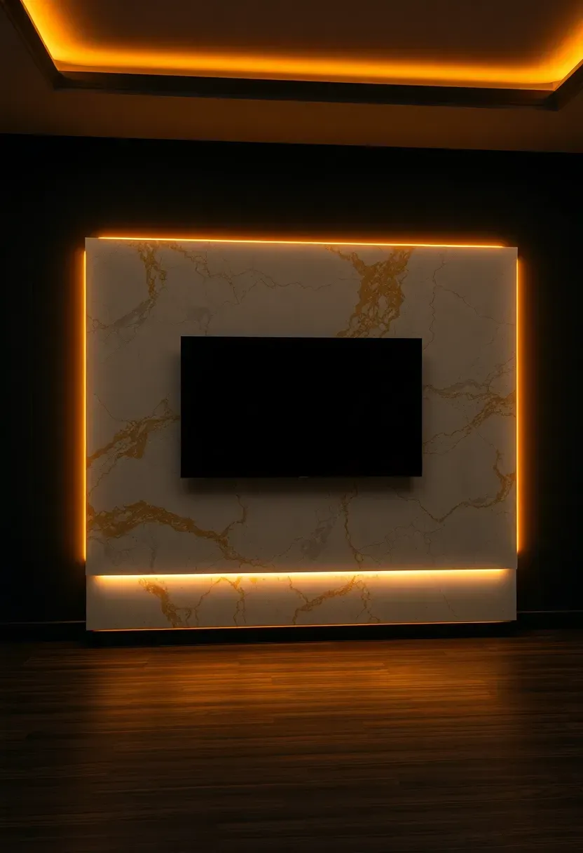 Backlit marble slab feature wall behind a TV in a luxurious basement with warm amber LED lighting glowing through translucent stone edges