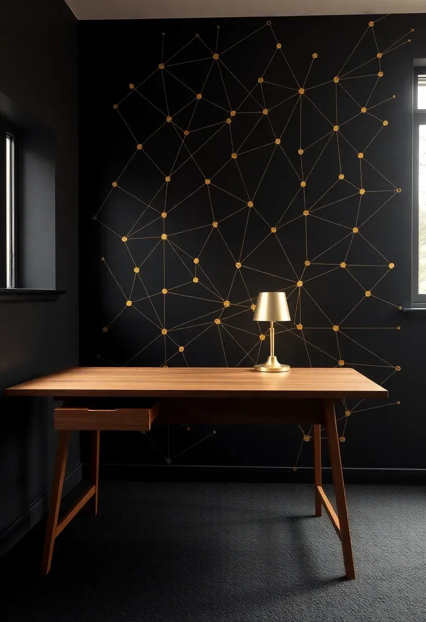 Modern home office with a geometric neural network grid accent wall in matte black and metallic gold lines on a dark charcoal background