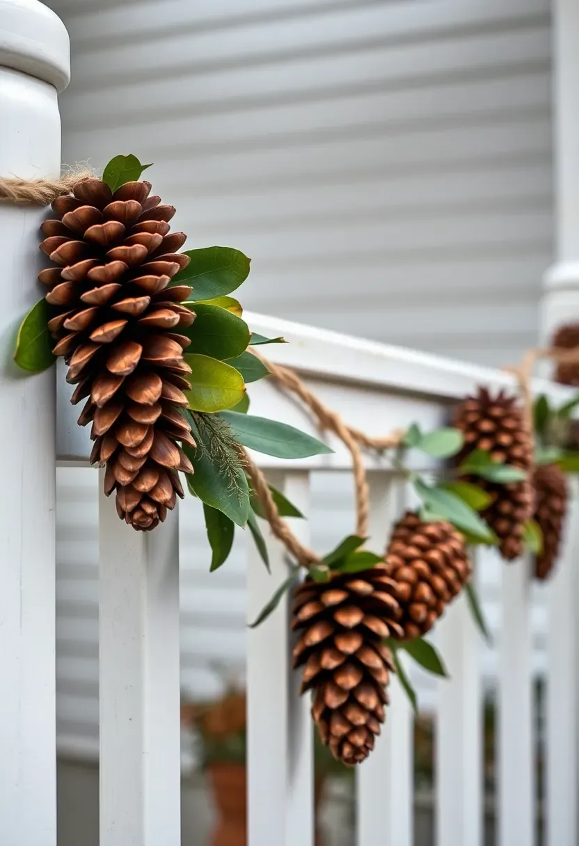 Hyper-realistic close-up exterior shot of handmade pinecone garland draped across white wooden porch railing. Garlands features large ponderosa pine cones wired to thick natural jute rope, interspersed with fresh magnolia leaves showing glossy green tops and velvety bronze undersides, small sprigs of cedar. Pinecones vary from 3-6 inches creating natural irregularity. Garland cascades gently between railing posts. Background shows blurred white house siding and gray sky. Materials: pinecones, jute twine, magnolia leaves, cedar, painted wood. Soft overcast daylight (4700K) creating detailed shadows on cone textures and leaf surfaces, rustic organic mood, shallow depth of field foreground details, macro-style composition showing handcrafted quality. No text logos watermarks.</p>