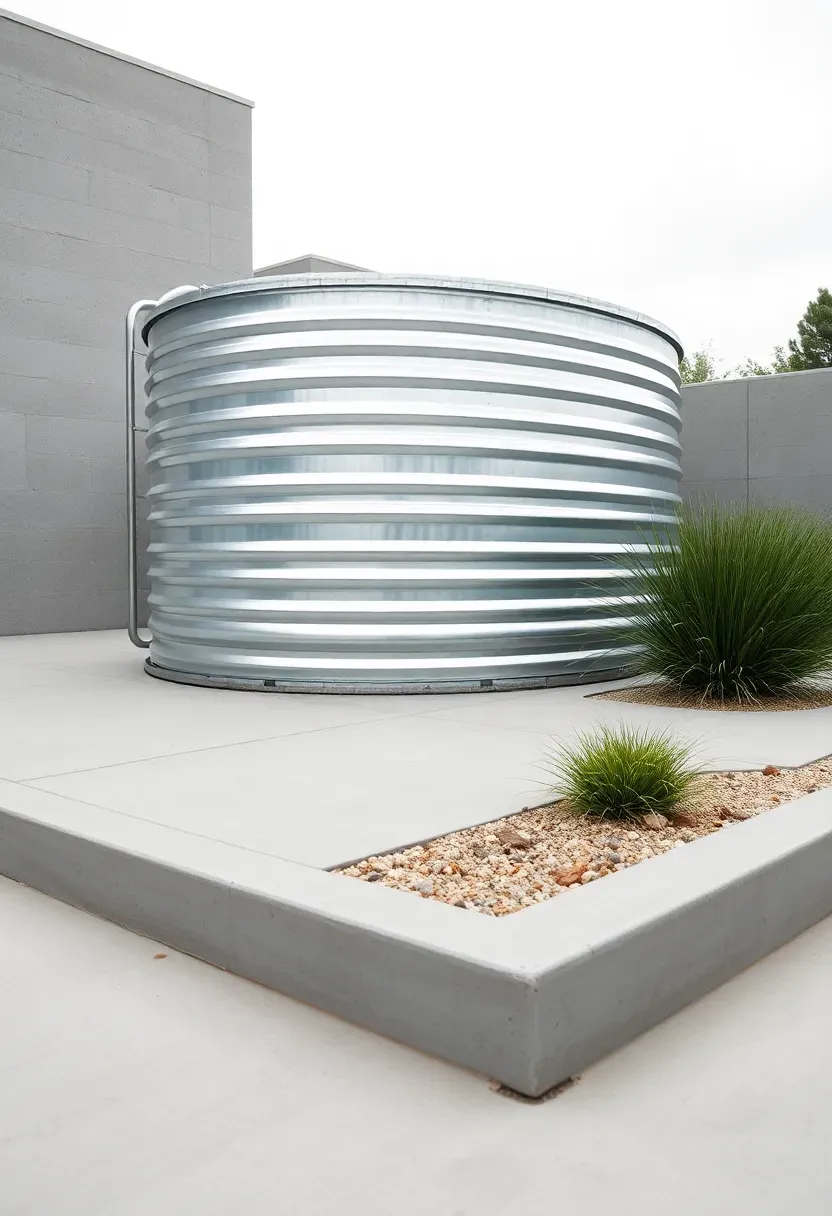 Stock tank pool sitting on a poured concrete pad with a clean modern aesthetic, minimalist landscaping, and a low concrete wall border