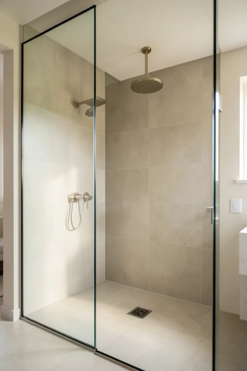 Honed travertine stone heated bathroom floor with warm neutral tones and subtle natural texture