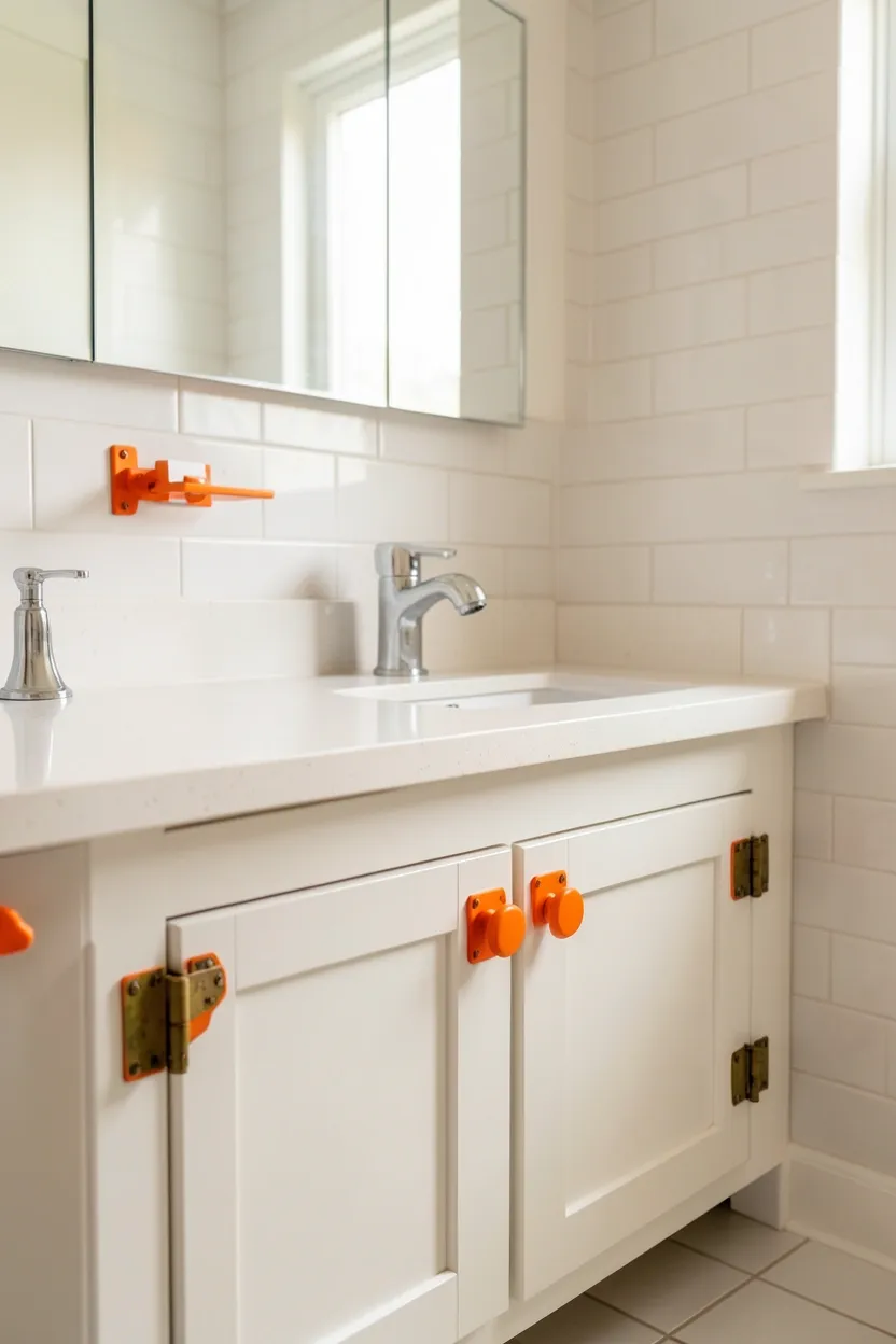 Hyper-realistic eye-level photograph of a modern colorful bathroom vanity featuring white cabinet doors with vibrant orange knobs and pulls, aged brass hinges, white quartz countertop, white undermount sink, chrome faucet, white subway tile walls. Natural light reflecting off orange. Materials: vibrant orange metal hardware, aged brass hinges, white quartz, white ceramic sink, chrome fixtures, white ceramic tiles. Vibrant orange hardware accents. Warm energetic color pop. Clean modern aesthetic. No text, no logos, no watermarks.