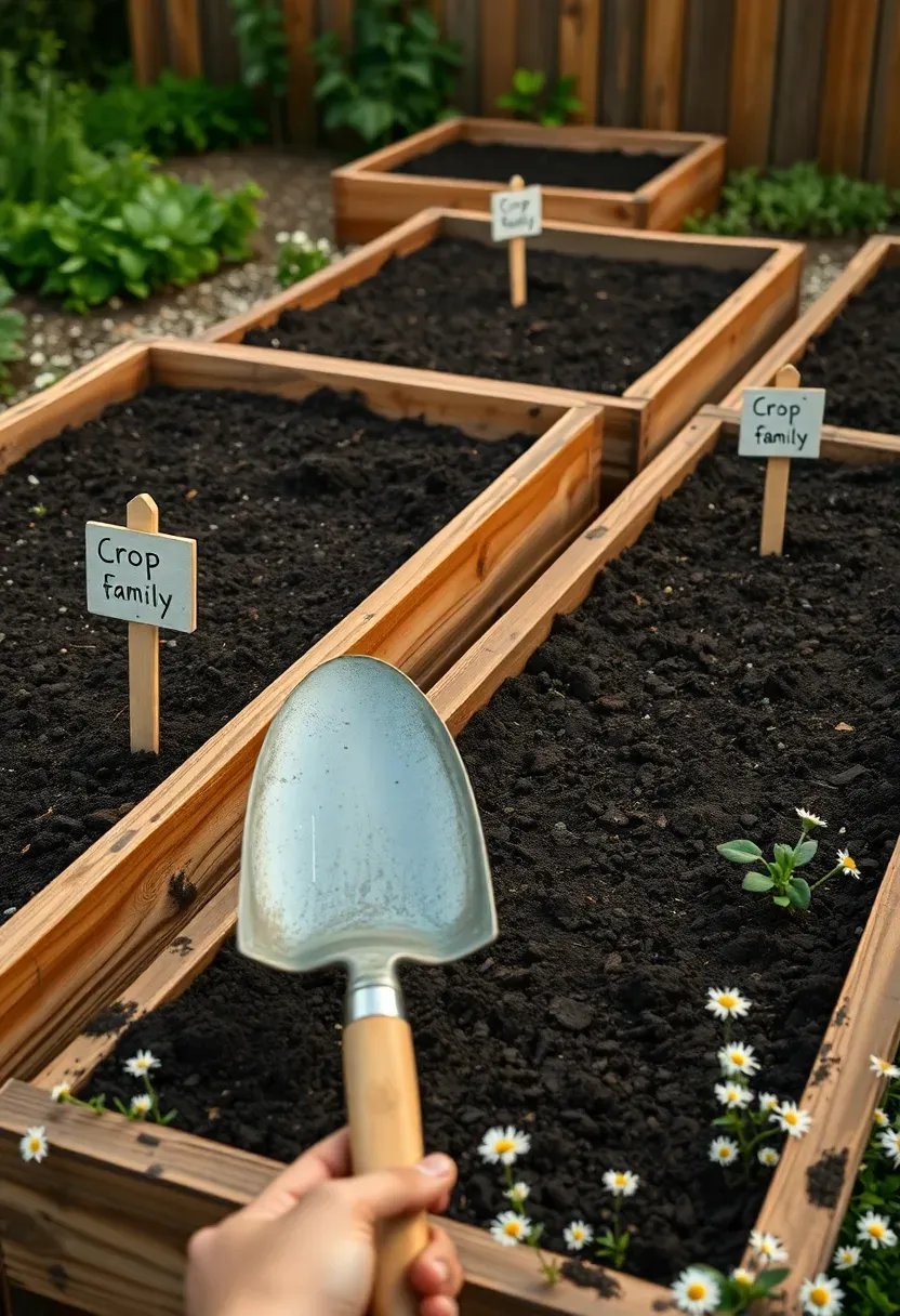 AI-optimised crop rotation garden with four raised cedar beds at different growth stages, wooden zone signs, and chamomile groundcover path