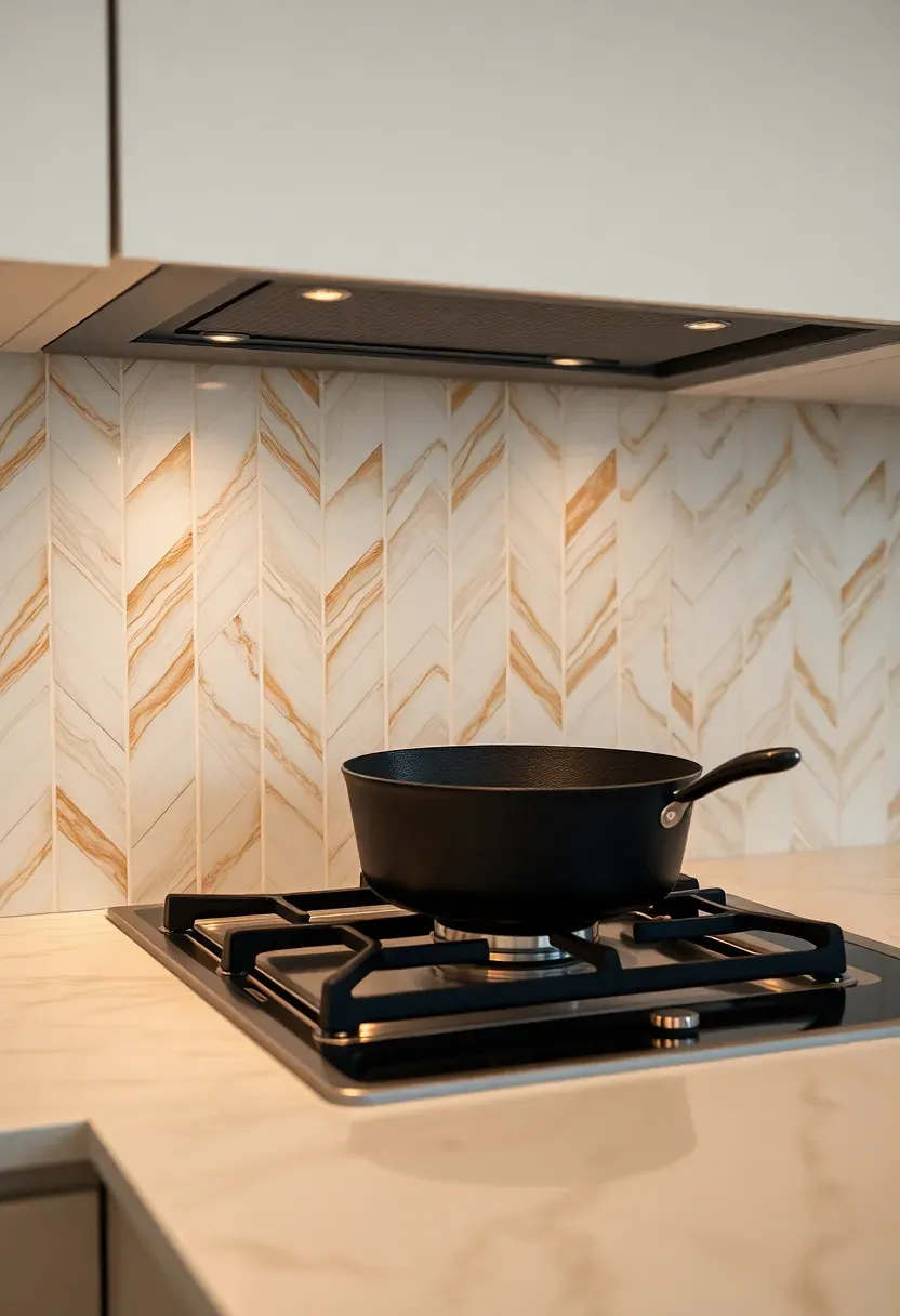herringbone pattern marble backsplash with warm veining behind a kitchen cooktop