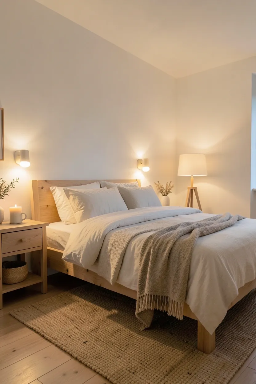 Warm ambient lighting from a floor lamp and wall sconces in a cozy Scandinavian rustic bedroom, 2700K warm white glow over linen bedding