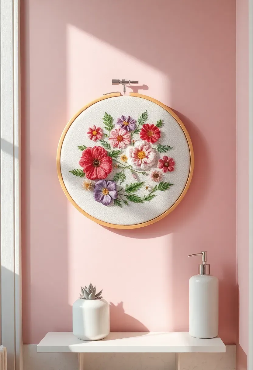 Embroidered floral hoop art with colorful thread flowers on natural linen in a wooden embroidery hoop on a pale pink bathroom wall