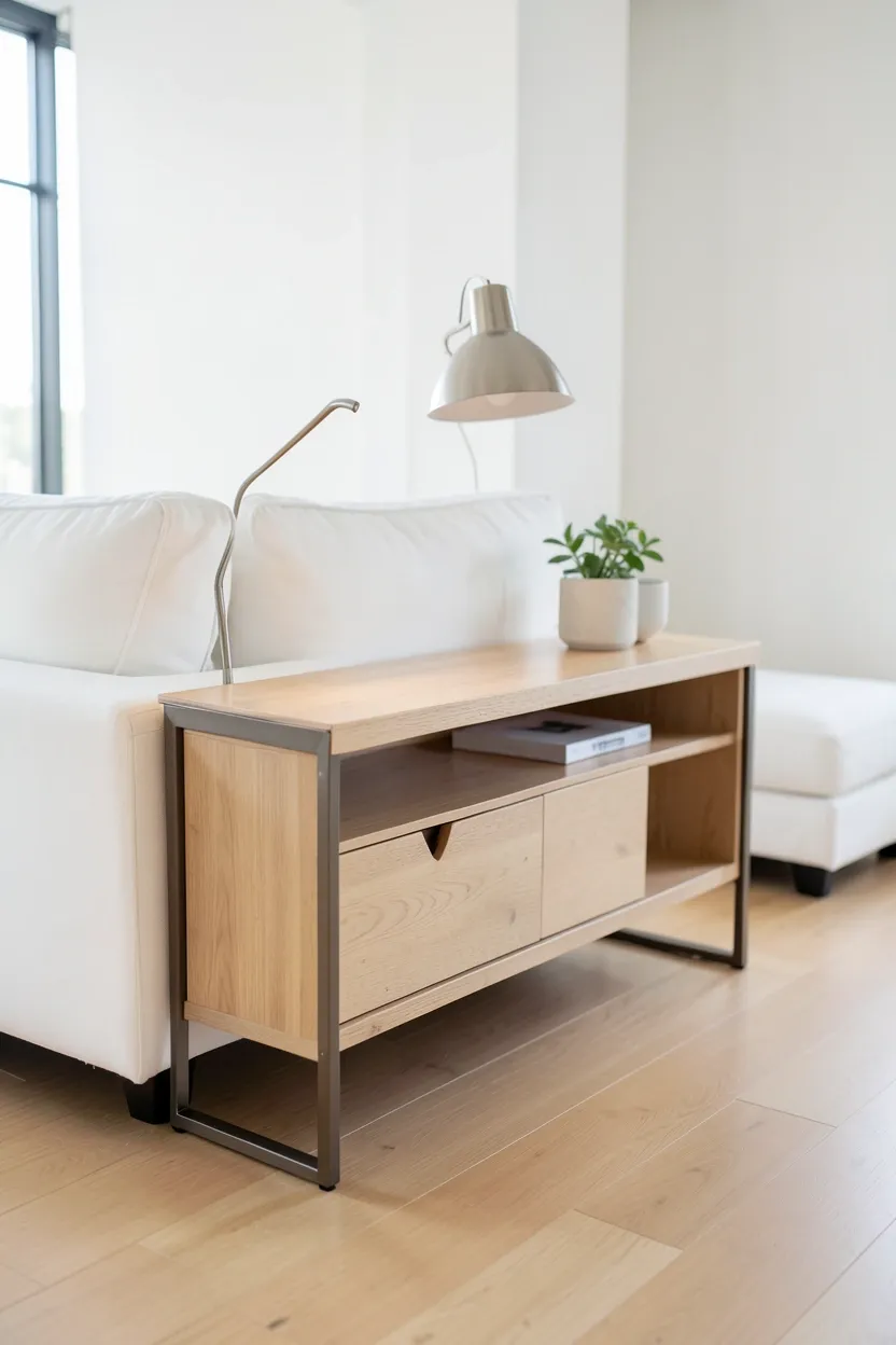Slim light oak console table behind a gray sofa styled with a table lamp and books in a clean Scandinavian living room