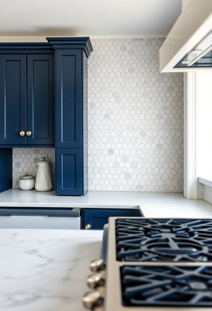 hexagonal carrara marble mosaic tile backsplash with dark navy blue kitchen cabinets and bright white countertops