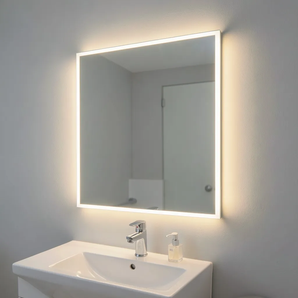 LED-backlit bathroom mirror with integrated edge lighting