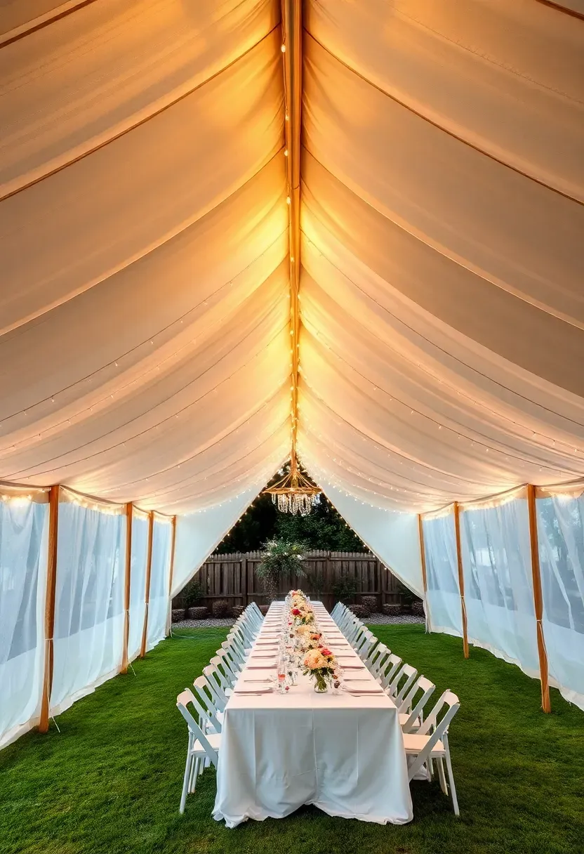 A white sailcloth tent set up over a backyard wedding reception area with open sides, string lights inside, and a green lawn visible around the edges