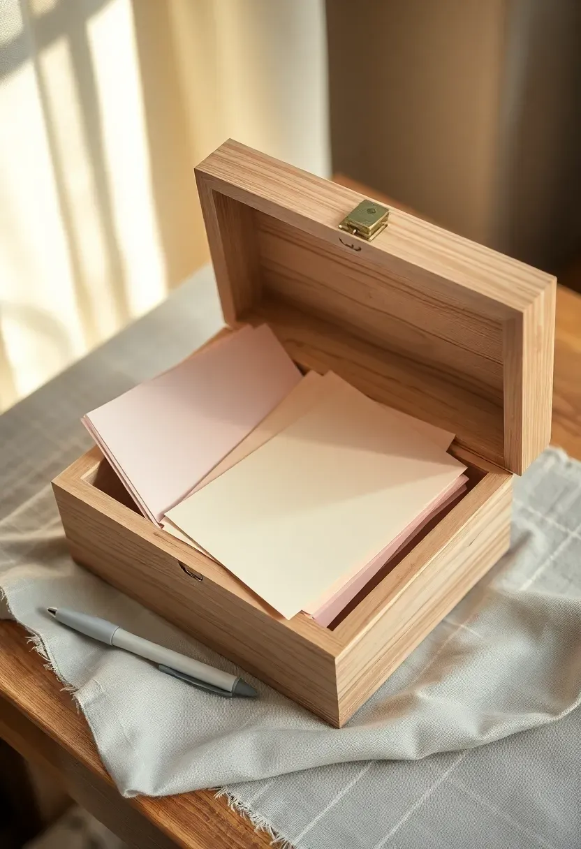 baby shower advice card station with a decorative wooden box filled with pastel advice cards guests instructions sign and a cup of pens on a flower decorated table