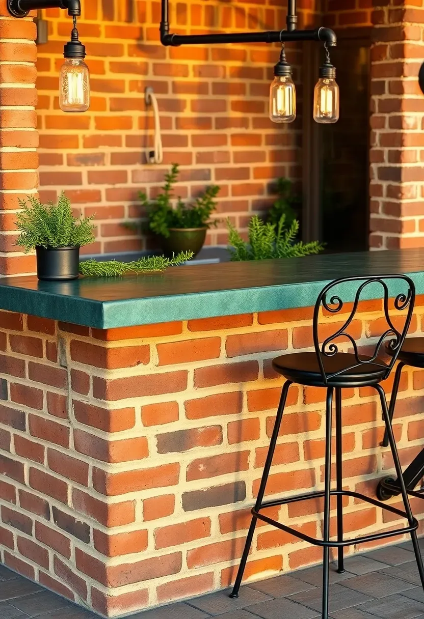 Rustic brick outdoor bar with patinated copper countertop, wrought iron stools, mason jar pendant lights, herb garden nearby at sunset