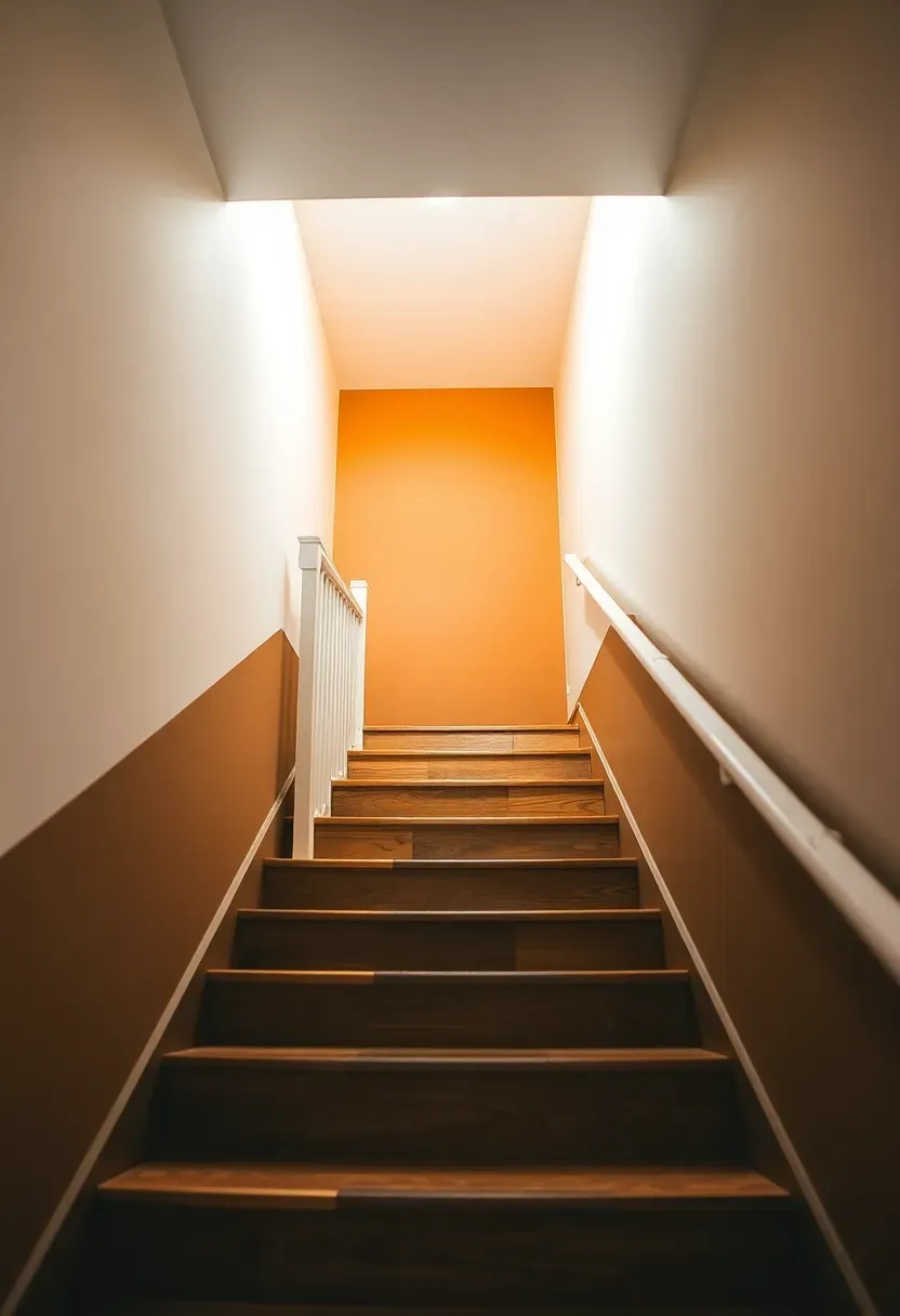 Basement stairwell with painted walls transitioning from bright upper color to a deeper shade descending the stairs
