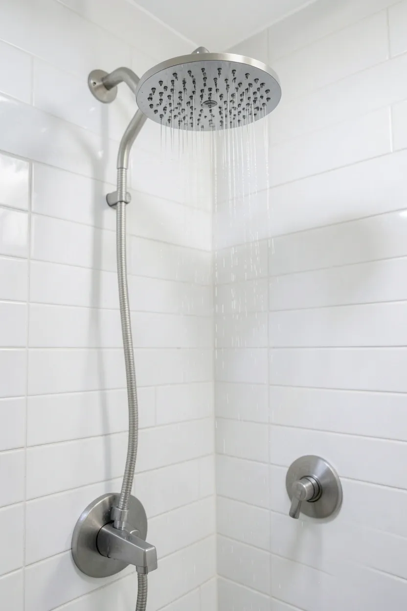 Wood tray on bathroom vanity styled with a small candle, rolled hand towel, and soap dispenser for a polished countertop vignette