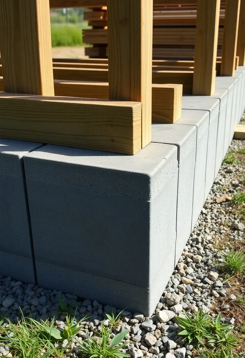 Close-up of a budget deck foundation showing concrete deck blocks supporting pressure-treated lumber joists on a gravel base