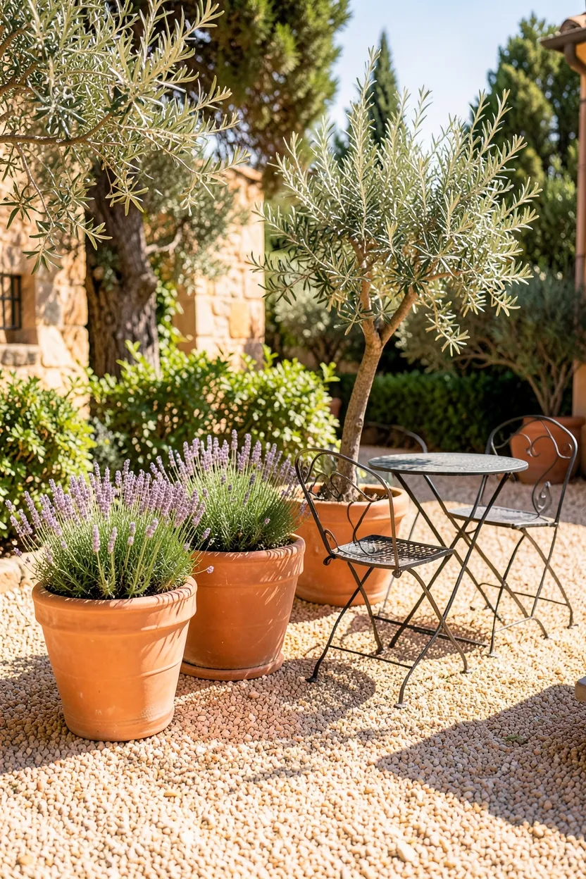 Mediterranean Gravel Patio with Terracotta